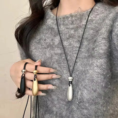 Ingvn  Metal Water Drop Shaped Pendant Necklace for Women Girls Simple Black Rope Adjustable Long Sweater Chain Fashion Accessory