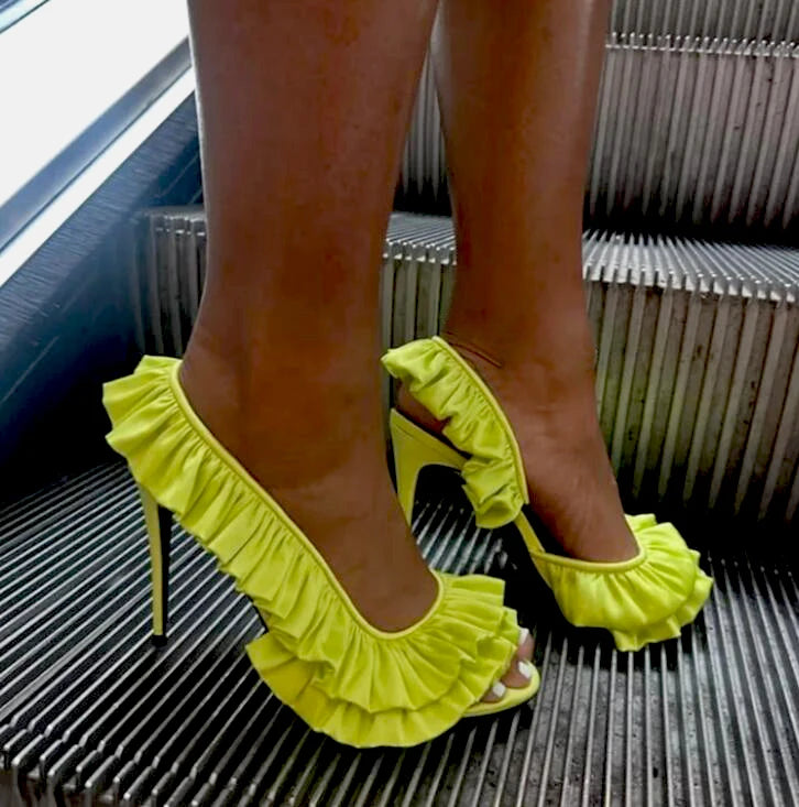 Ingvn - Neon Green Pink Silk Ruffle High Heel Sandals Women Open Toe 10cm Stiletto Heel Slip On Slingback Wedding Banquet Pumps Shoes