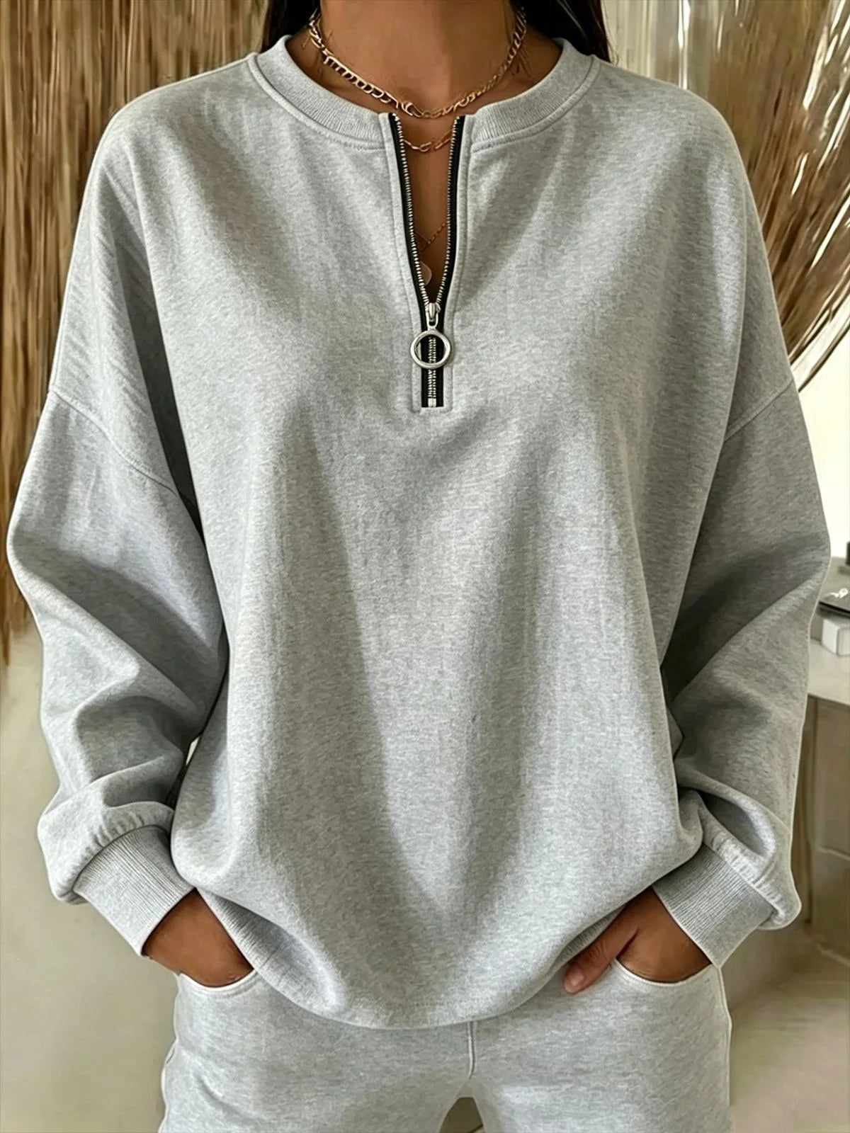 Ingvn - Women Round Neck Half Zip Sweatshirt Long Sleeve Loose Pullover Casual Fall Daily Top