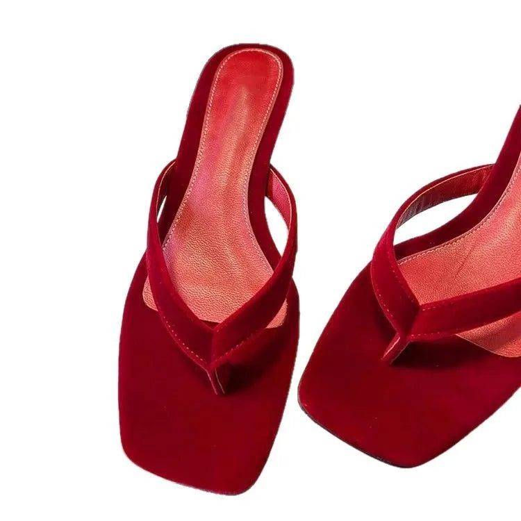 Ingvn  Women's New Leather slippers Retro Outerwear Minimalist with Square Toe Versatile Low Heel Stylish Design flip-flops