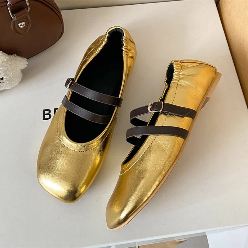 Ingvn  Fashion Patent Leather Mary Janes Women Ballet Flats Comfortable Soft Sole Elastic Band Walking Loafers Casual Girls Dance Shoes