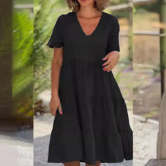 Ingvn  New European and American Summer Women's Clothing Fresh and Sweet V-neck Solid Color Large Sway Casual Skirt Dress