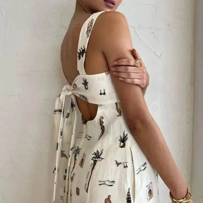 Ingvn  Spring Women's Clothing Sleeveless Tie Waist Printed Maxi Dress For Woman Polyester High Waist Square Neck Bodycon Elegant Wear