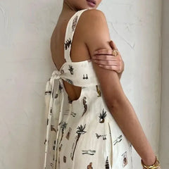 Ingvn  Spring Women's Clothing Sleeveless Tie Waist Printed Maxi Dress For Woman Polyester High Waist Square Neck Bodycon Elegant Wear