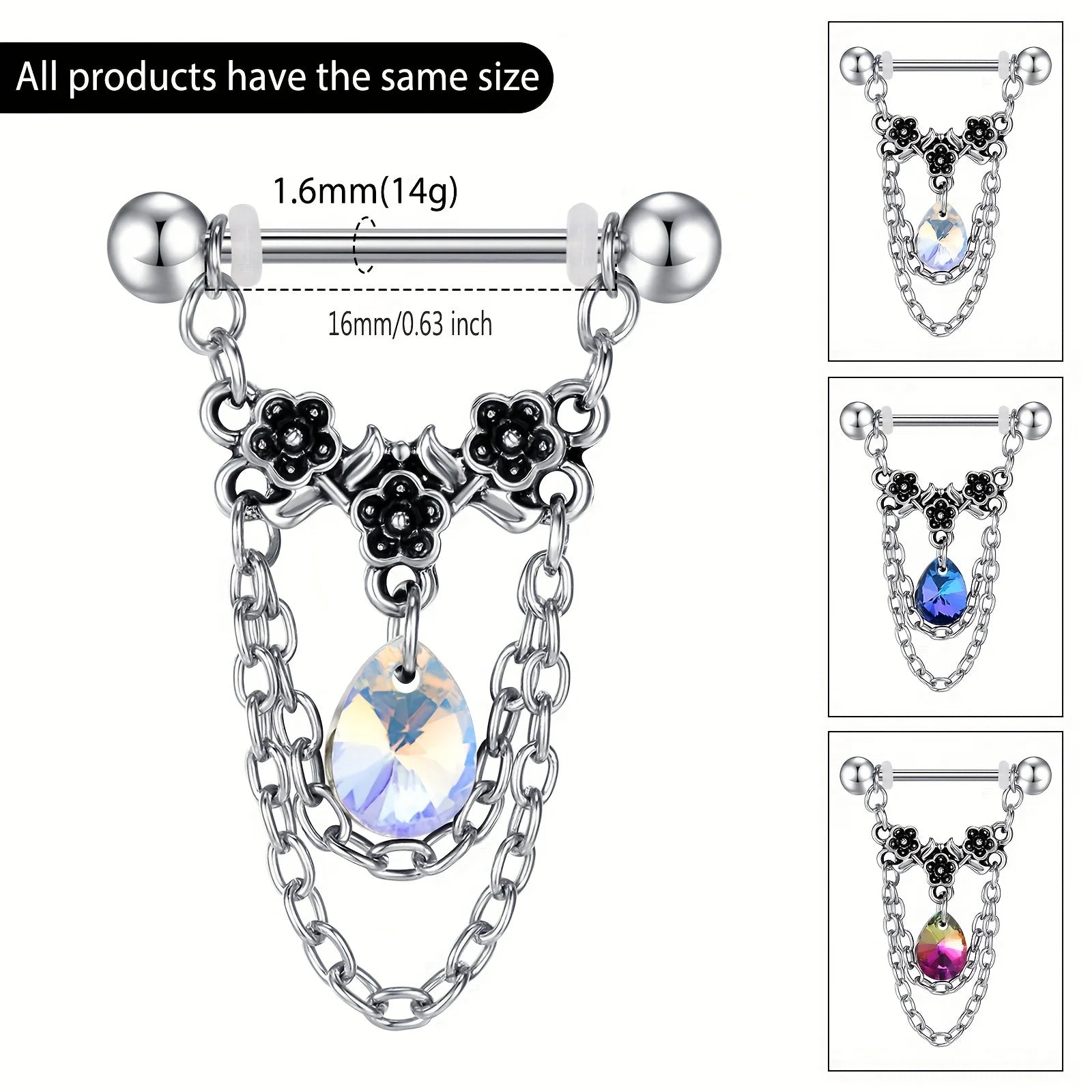 Ingvn  1pair Stainless Steel Nipple Rings, Nipple Barbell With Chain CZ, Nipple Piercing Jewelry