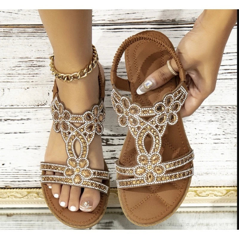 Ingvn  Plus Size 36-43 Shoes for Women Rhinestone Sandals Bohemian Elastic Band Beach Shoes Fashion Casual Open Toe Sandalias De Mujer