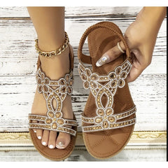 Ingvn  Plus Size 36-43 Shoes for Women Rhinestone Sandals Bohemian Elastic Band Beach Shoes Fashion Casual Open Toe Sandalias De Mujer