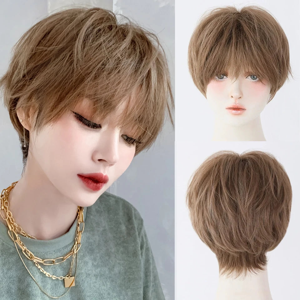 Ingvn  ﻿ Short Brown Straight Synthetic Wig with Bangs Curly Hair Pink Green Lolita Wigs for Women Daily Party Cosplay Christmas Wig