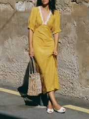 Ingvn  Casual Yellow V Neck Lace Trim Dot Print Dresses for Women Short Sleeve Slimming Ruffle for French Vacation Style