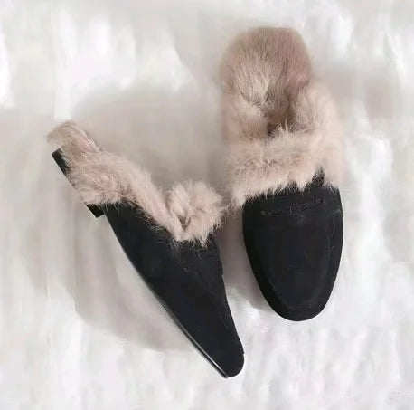 Ingvn  Slip on Simple Shoes Outwear Woman Warm Shoes Mules Natural Suede Flat Shoes for Women SlippersMules Women's Fur Flats Slippers