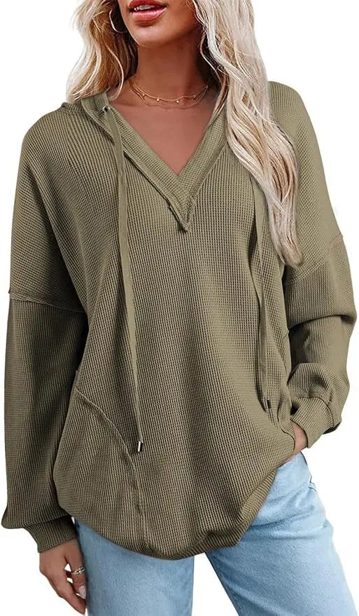 Ingvn - Women Solid Wfle Knit Hoodie V Neck Long Sleeve Loose Casual Pullover Top