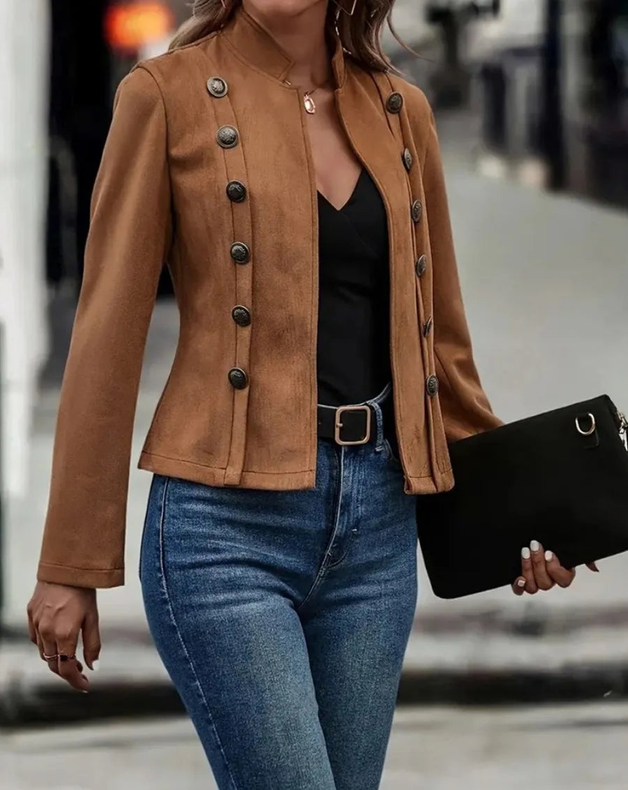 Ingvn  Womens Faux Suede Jacket Open Front Jacket Coat Double-Breasted Buttons Casual Outerwear