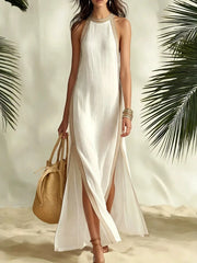 Ingvn  Women's Sexy Halter Sleeveless Striped Maxi Dress Side Slit Color Block Loose Flowy Elegant Casual Vacation Summer Dresses