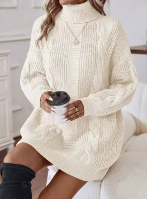 Ingvn  New Autumn Winter Solid Color High Collar Long Sleeve Hip-covered Sweater Women's Dress