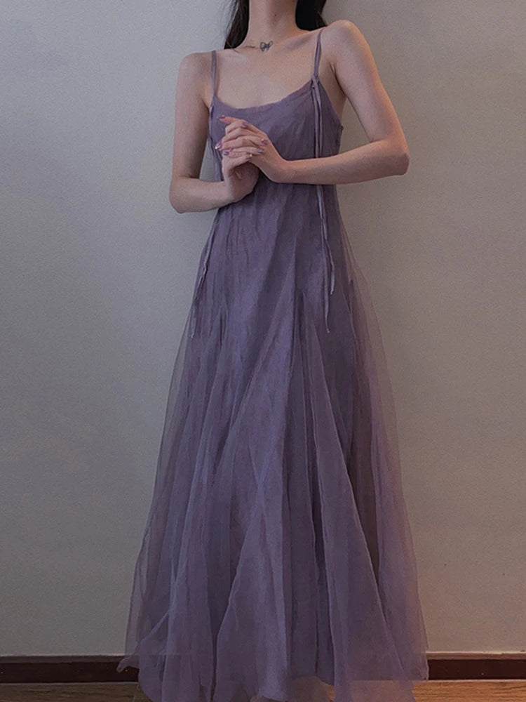 Ingvn  Slimming Effect Purple Mesh Ankle-Length Dress Women's plus Size Strapless Gown Korean Style High Waist A-Line Skirt