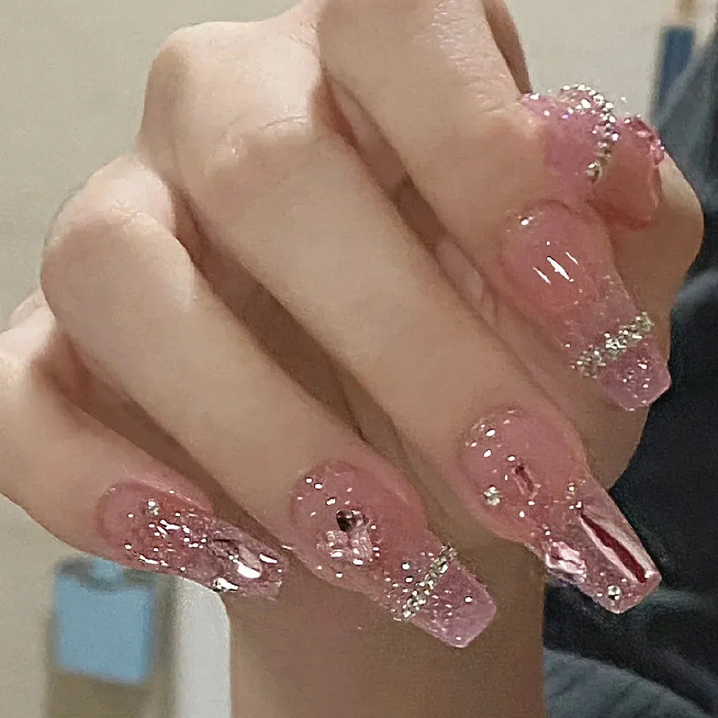 Ingvn  24Pcs Pink Ballet Fake Nails Full Cover Nail Tips Long Ballet False Nails with Rhinestone Chain Design Wearable Press on Nails