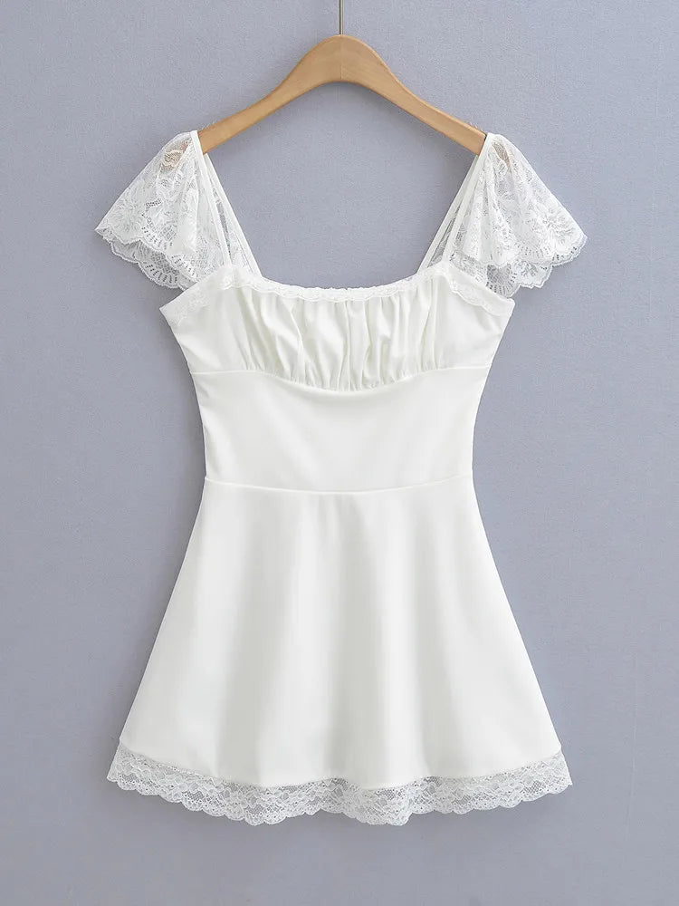 Ingvn  Woman Low Chest Ruched Square Collar Spliced Lace  Sleeve Dress Cross Lacing up Back Dresses Swing A-lined Short Robe Vestidos