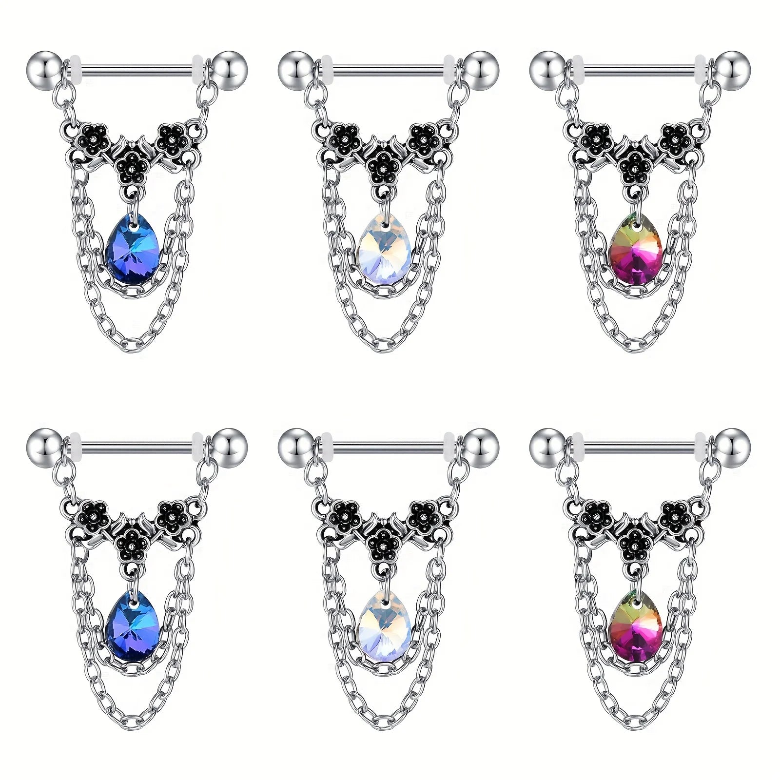 Ingvn  1pair Stainless Steel Nipple Rings, Nipple Barbell With Chain CZ, Nipple Piercing Jewelry