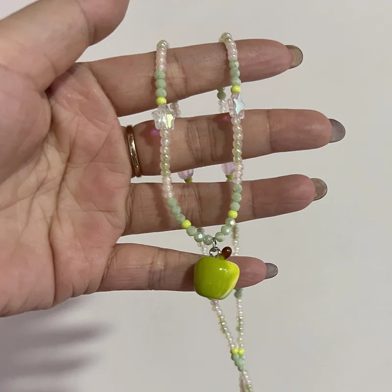 Ingvn  New Cute Harajuku Cartoon Fruit Ceramic Pendant Green Charm Beads Choker Necklace Women Y2K Jewelry Aesthetic Summer Accessories