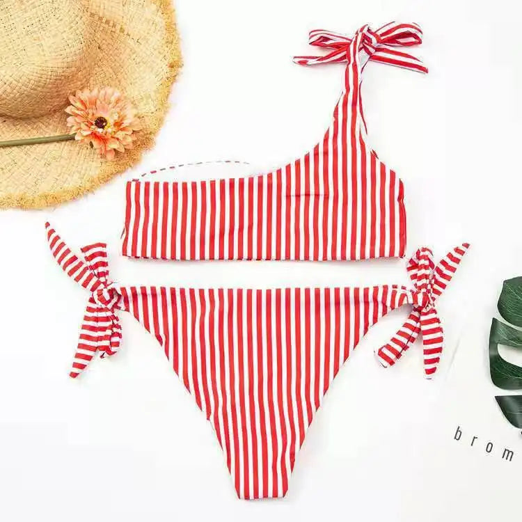 Ingvn  Summer Sexy Bow One Shoulder Striped Bikini Lacing Up Bandage Low Waist Swimsuit Set Two Piece Swimwear Beachwear