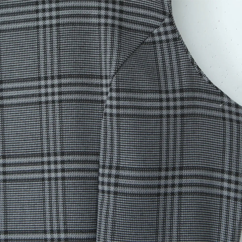 Ingvn  Sexy O neck Gray Plaid Print Sleeveless Mini Dress Low Waist Spliced Folded Pleated Swing Women Tank Dresses Short Robe