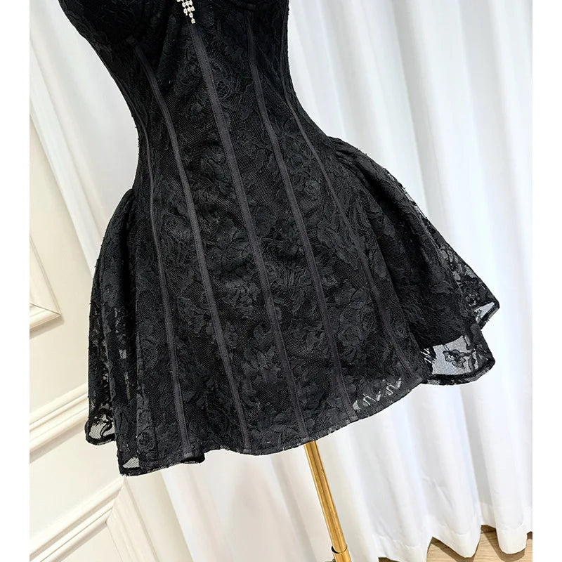 Ingvn  French Elegant Fashion Celebrity Rhinestone Brooch Fluffy Lace Short Dress Sleeveless Backless Birthday Party Dresses For Women