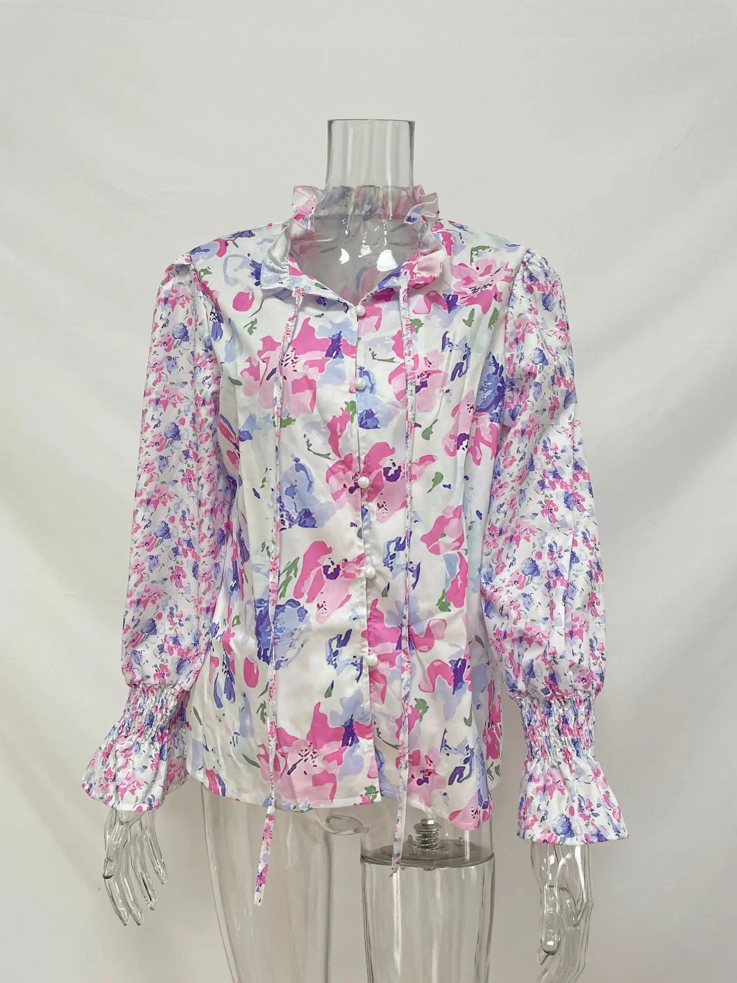 Ingvn - Women's Summer Floral Print V Neck Long Sleeve Blouse Ruffle Cuff Button Down Casual Loose Chiffon Shirt
