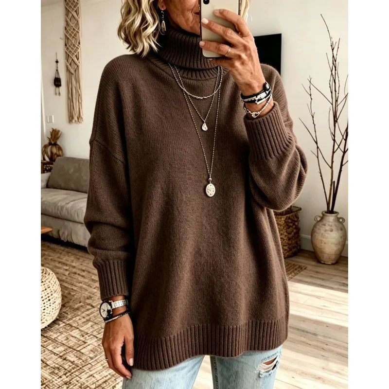 Ingvn - Women Turtleneck Knit Sweater Loose Long Sleeve Pullover Thick Autumn Winter Base Layer Top
