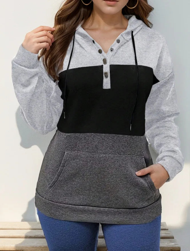 Ingvn - Autumn Winter New Arrival Color Block Splicing Kangaroo Pocket Hoodie Drawstring Versatile Loose Pullover Sweatshirt Women