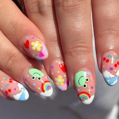 Ingvn  24Pcs Pink French False Nails Rainbow Cloud Design Full Cover Nail Tips Summer Long Almond Fake Nails Almond Press on Nails