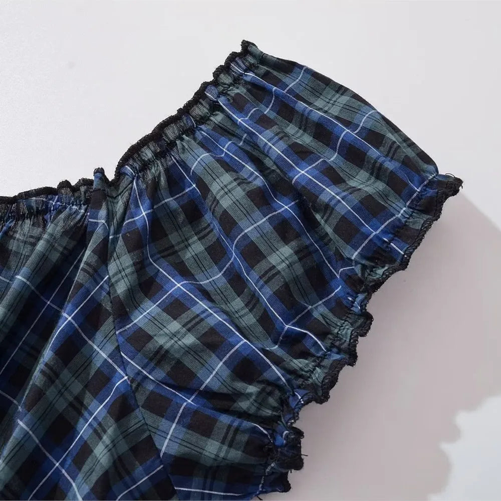 Ingvn  Contrast Color Plaid Open Buttons Slash Shoulder Mini Dress Women Short Sleeve Slim Waist Dresses Holiday Robe Femme