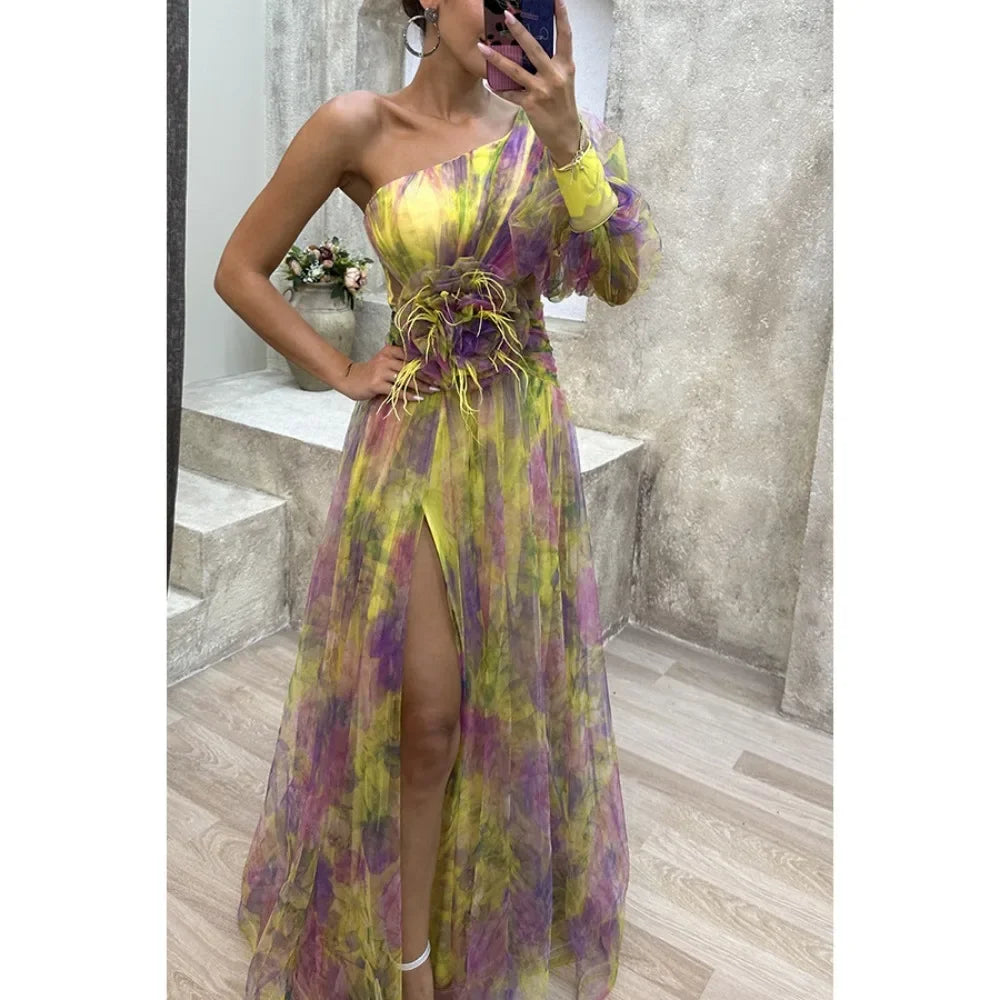 Ingvn  Women's Summer Fashion Casual Dress Slant Neck Off Shoulder Long Sleeve Mesh Dress Flower Waist Split Dress Holiday Party