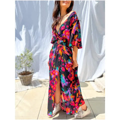 Ingvn  Latest Popular Style Women's Fashionable Temperament V-neck Belt Printed Dress Women's Fashionable Multi-color Long Dress