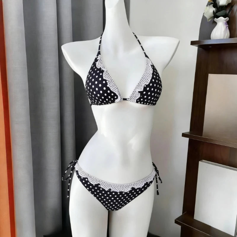 Ingvn  Women's Cute Floral Print Bikini Set Halter Strap Two Piece Swimsuit Ruffle Trim Backless Beachwear Summer Fashion Bathing Suit