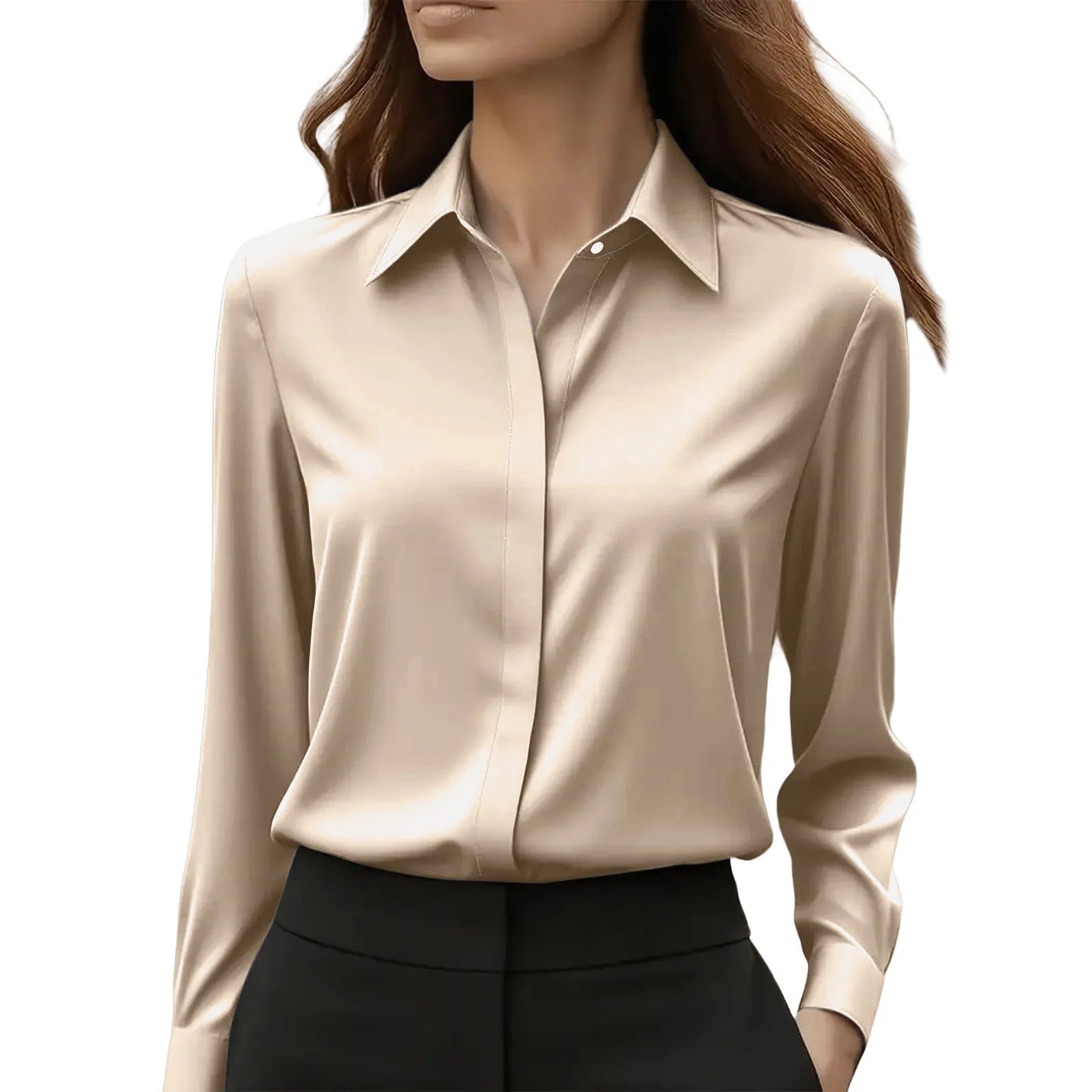 Ingvn  Autumn Solid Color Long Sleeve Lapel Satin Women's Blouse
