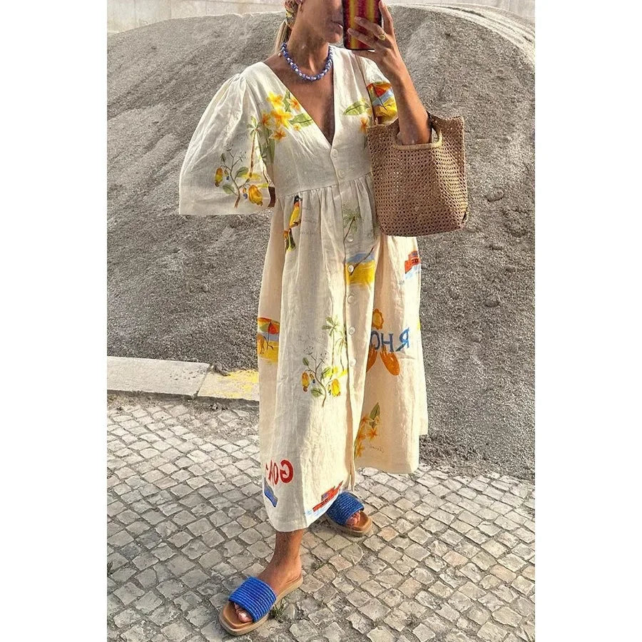Ingvn  Spring/Summer Women's New Printed Button Split Bubble Sleeve V-Tie  Dress Loose Vacation Dress
