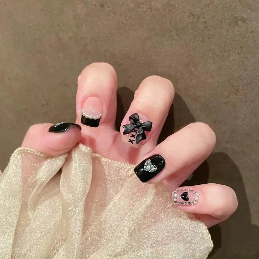 White French Press on Nails 3D Bowknot Designs Nude Color Fake Nails Wearable False Nails Tips for Women DIY Manicure 24Pcs