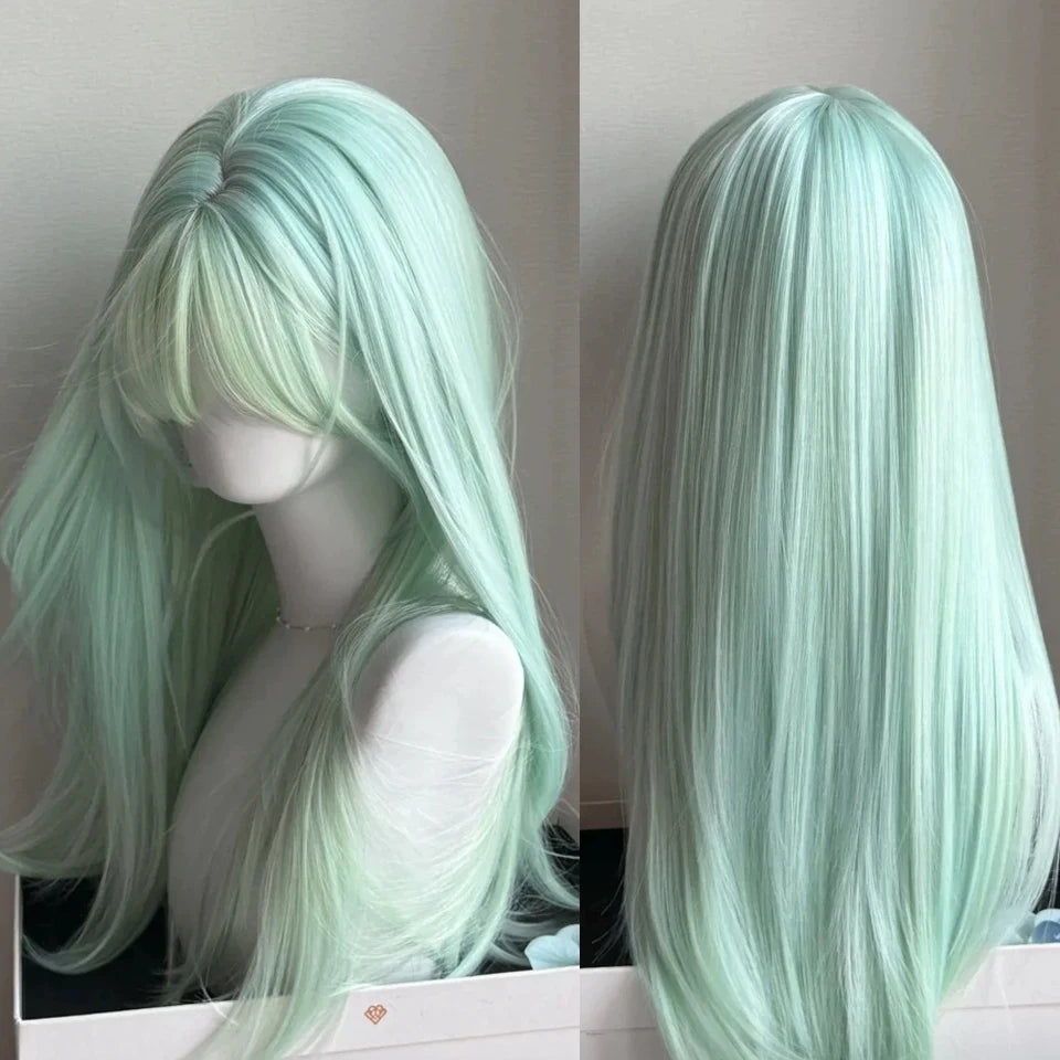 Ingvn  Long Wavy Pink Wig with Bangs Synthetic Cosplay Natural Lolita Purple Green Wig Halloween Costume Wig for Women Daily Wear