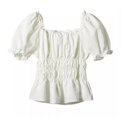 Ingvn  French Style Retro White Short Puff Sleeve Shirt Women Ruched Elastic Slim Waist Summer Crop Tops