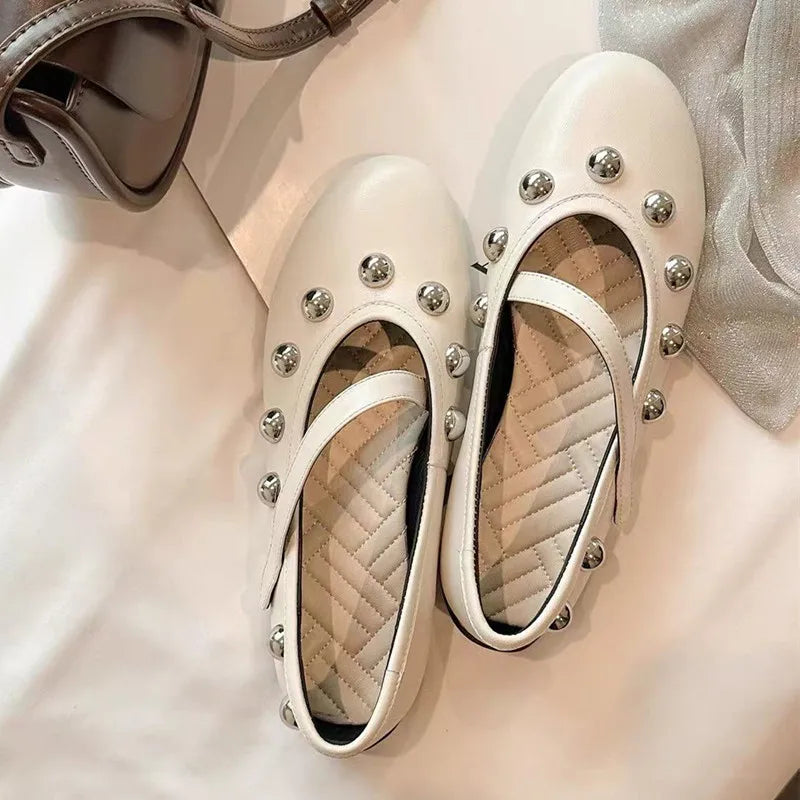 Ingvn - Fashion Rivet Sequined Mary Janes Women Ballet Flats Spring Autumn Comfortable Soft Soles Leather Walking Loafers Casual Shoes