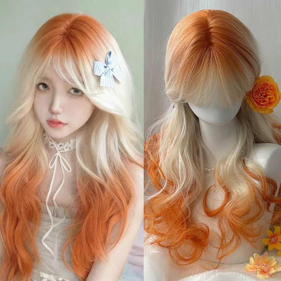 Ingvn  Long Wavy Brown Middle Part Wig Synthetic Lolita Wig Natural Cosplay Party Wig Daily Wear Halloween Costume Y2K Orange Wig