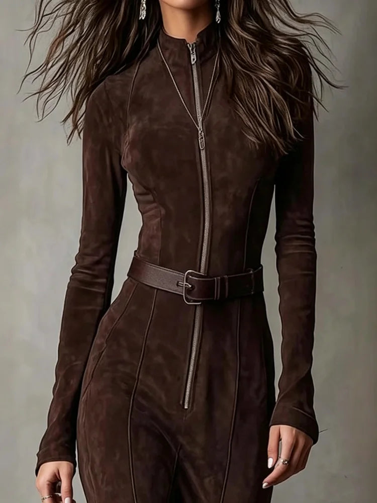Ingvn  European American Suede Maxi Dress for Women Long Sleeves O-Neck Zipper Maxi Dress Temperament Elegant High Street Dresses