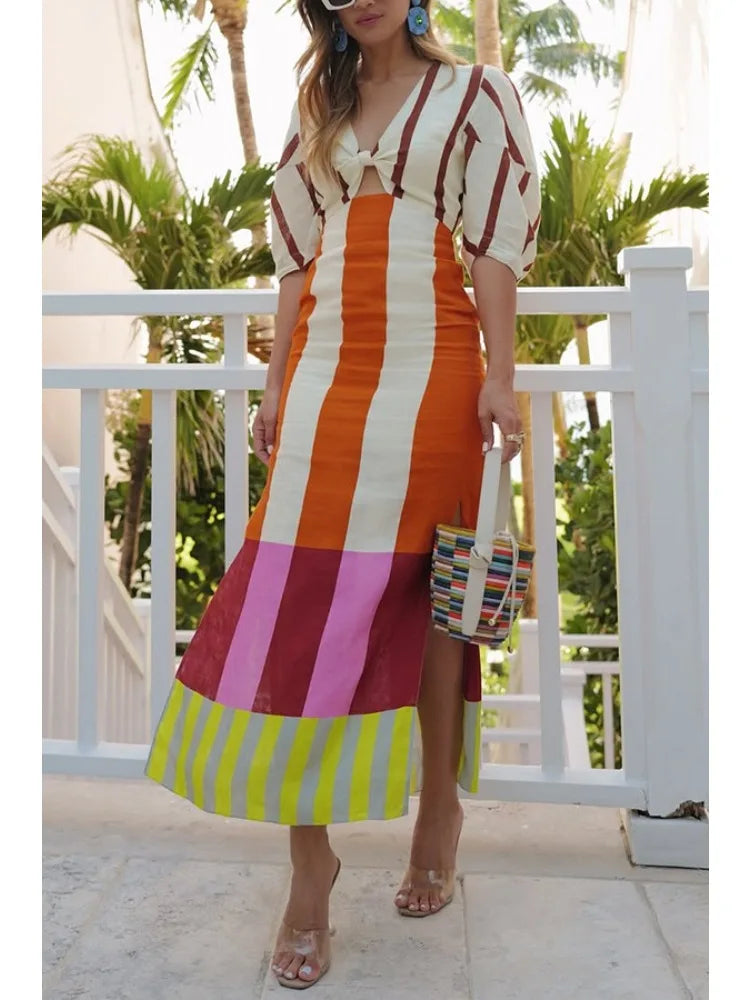 Ingvn  Women Fashion Linen Material  Fashion Chic Print Long Party Dresses Sexy V-neck Hollow Out High Waist Party Dress Lady Robes