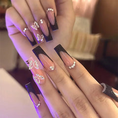 Ingvn  24Pcs Simple Blue French Fake Nails with Diamond Love Pattern Design False Nails Press on Mid-length Ballet Full Cover Nail Tips