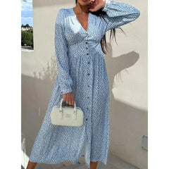 Ingvn  Women's Fashion V-neck Single Breasted Long Party Dress Ladies Casual Long Sleeve Floral Printed Comfortable Versatile Dress