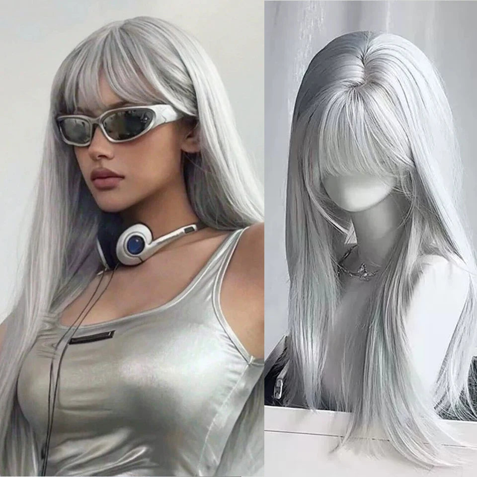 Ingvn  Long Wavy Pink Wig with Bangs Synthetic Cosplay Natural Lolita Purple Green Wig Halloween Costume Wig for Women Daily Wear