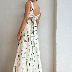 Ingvn  Spring Women's Clothing Sleeveless Tie Waist Printed Maxi Dress For Woman Polyester High Waist Square Neck Bodycon Elegant Wear