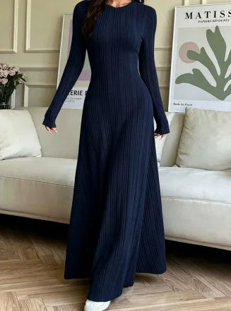 Ingvn - New Autumn And Winter Women's Slim Casual Fit Fashionable Women's Knitted Pit Stripe Solid Color Long Sleeved Round Neck Dress