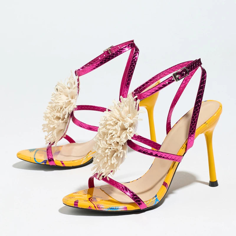 Ingvn  Women Gladiator Sandals Fashion Coral Shape Narrow Band Open Toe Thin Heels  Sexy Buckle Strap Ladies Shoes Runway Heeled