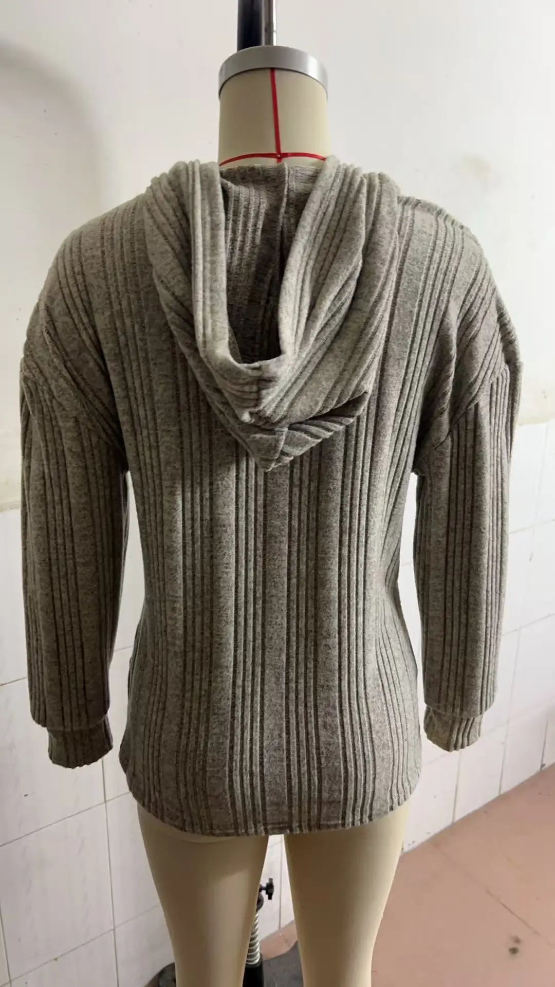 Ingvn - Women's Striped Ribbed Hooded Blouse Half Button Loose Long Sleeve Casual Daily Wear Pullover Top